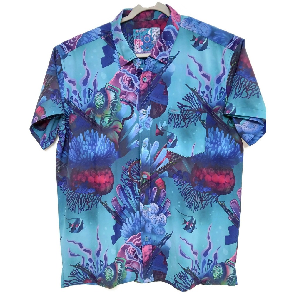 Retro Shirt Mens Large Blue Teal‎ Nautical Diver Helmet Button Up Hawaiian Print
